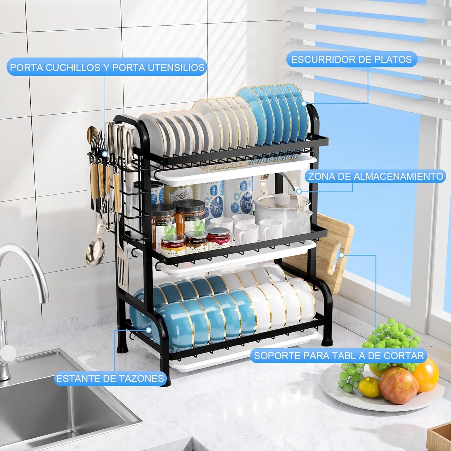 ESCURRIDOR DE PLATOS 3 NIVELES PARA COCINA