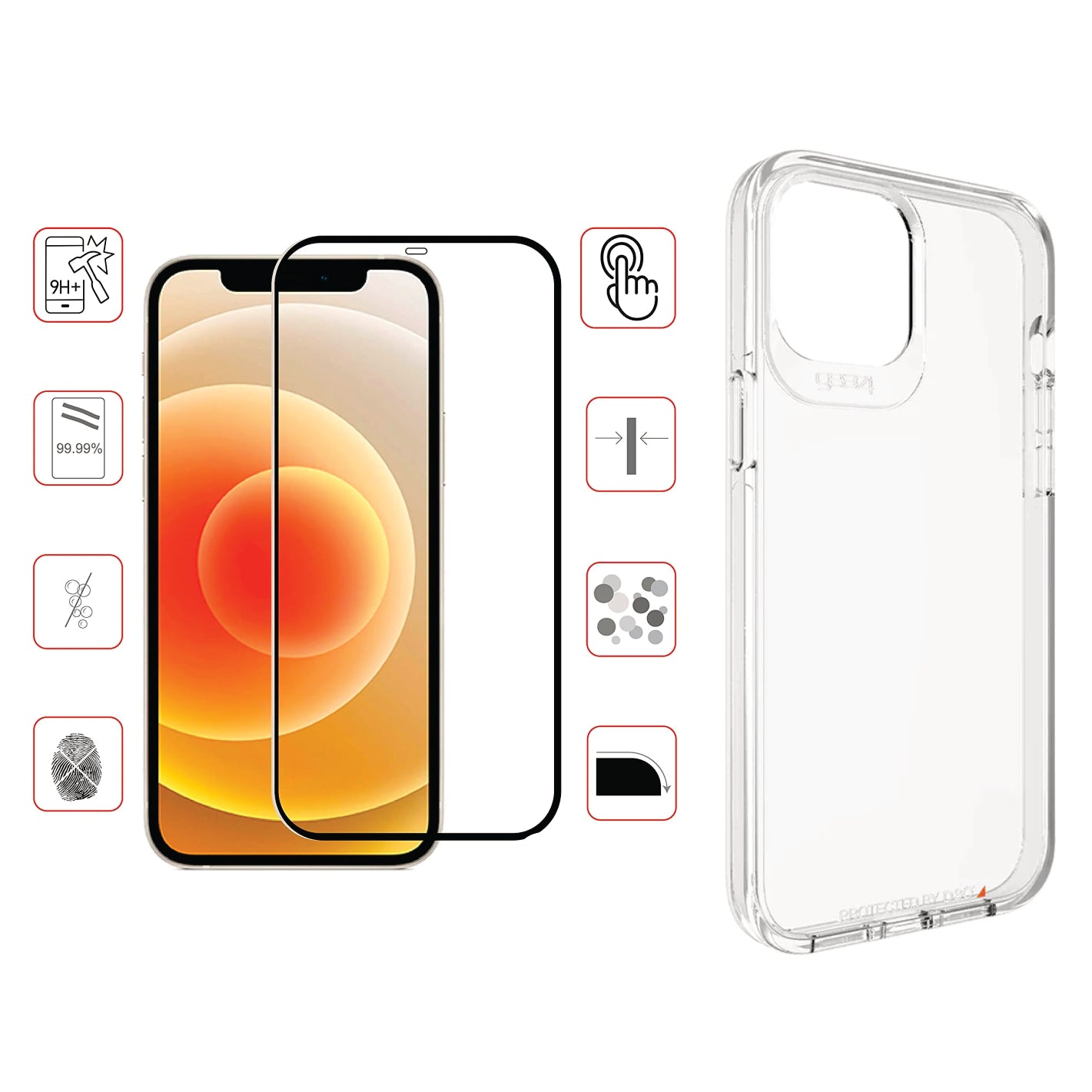 COMBO 2 EN 1 PARA IPHONE / FORRO ANTISHOCK TRANSP. GEAR4 + VIDRIO TEMPLADO