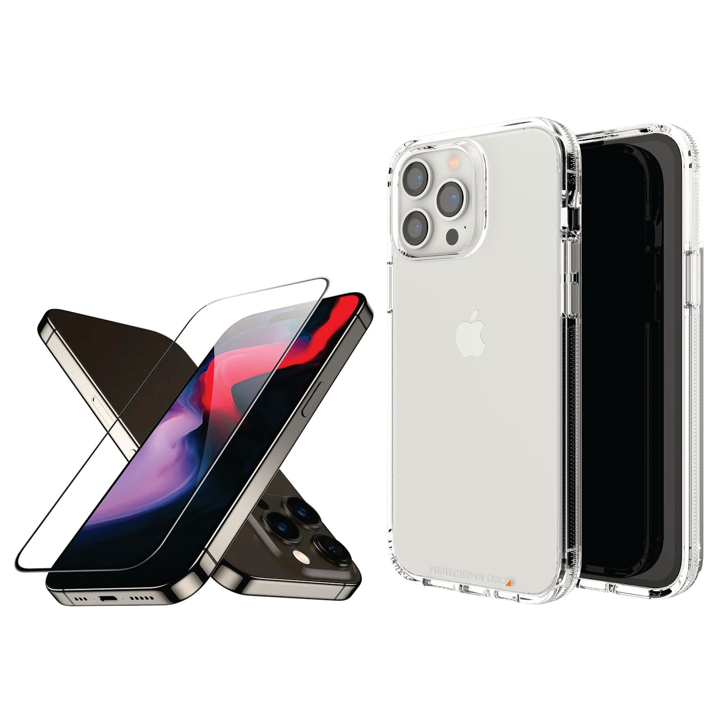 COMBO 2 EN 1 PARA IPHONE / FORRO ANTISHOCK TRANSP. GEAR4 + VIDRIO TEMPLADO