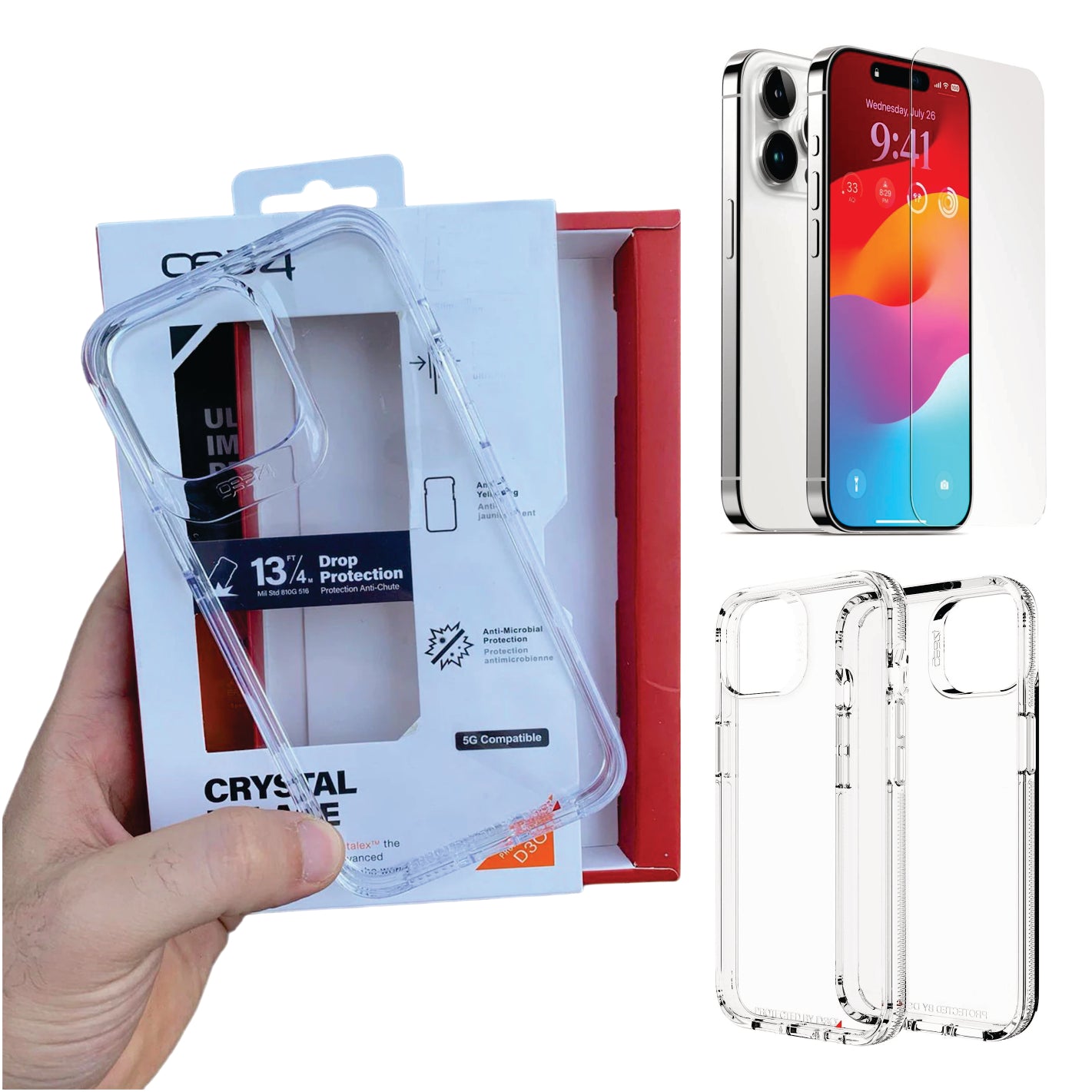 COMBO 2 EN 1 PARA IPHONE / FORRO ANTISHOCK TRANSP. GEAR4 + VIDRIO TEMPLADO