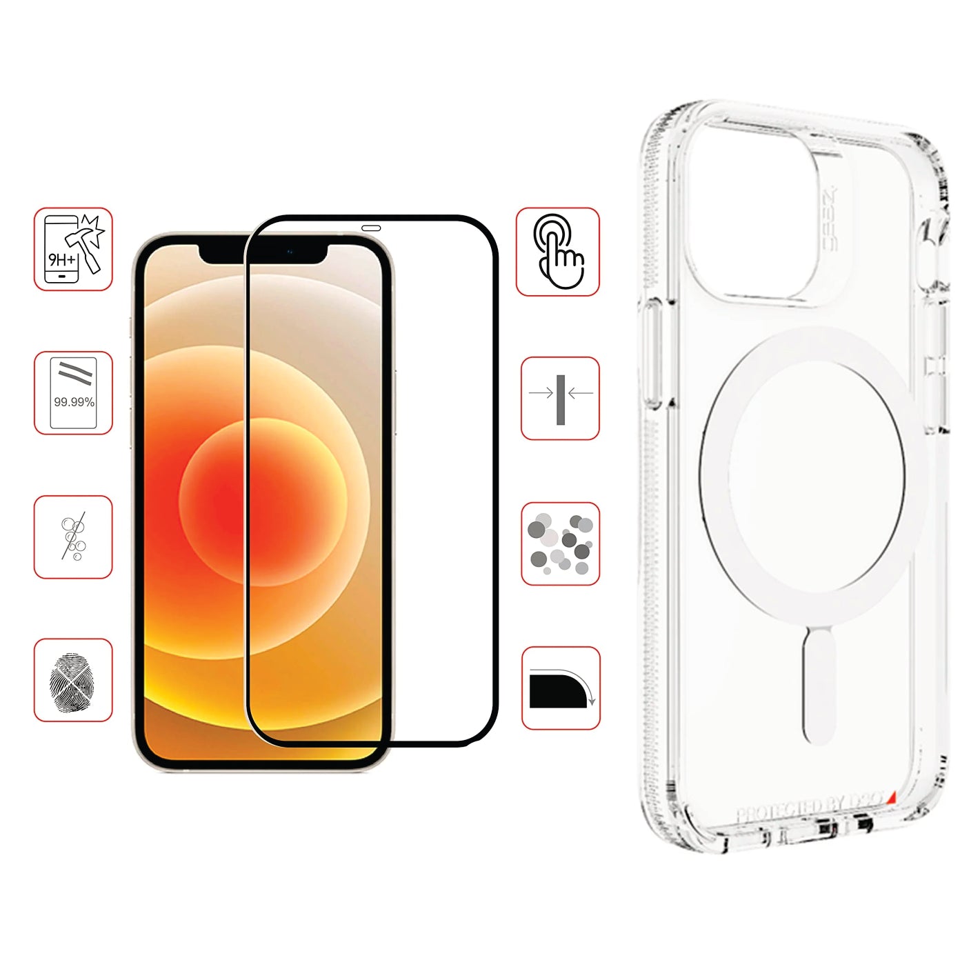 COMBO 2 EN 1 PARA IPHONE / ESTUCHE MAGSAFE ANTISHOCK TRANSPARENTE + VIDRIO TEMPLADO