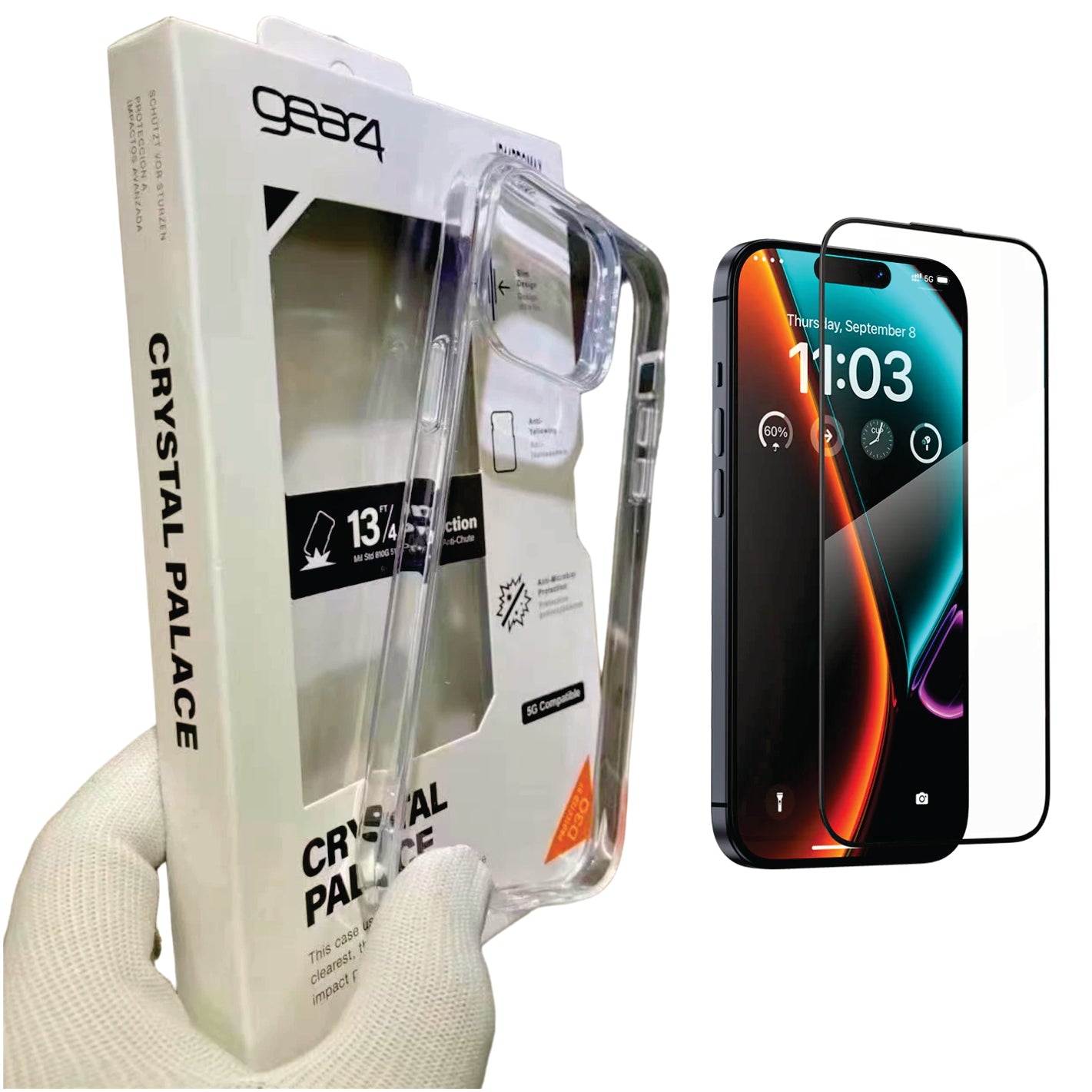 COMBO 2 EN 1 PARA IPHONE / FORRO ANTISHOCK TRANSP. GEAR4 + VIDRIO TEMPLADO
