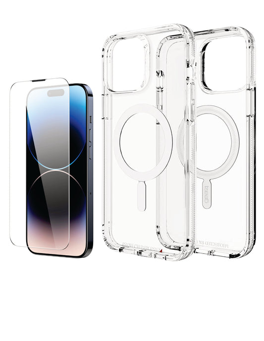 COMBO 2 EN 1 PARA IPHONE / ESTUCHE MAGSAFE ANTISHOCK TRANSPARENTE + VIDRIO TEMPLADO