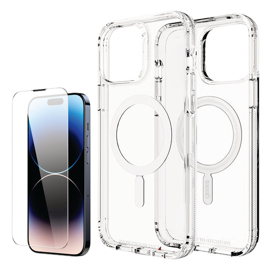 COMBO 2 EN 1 PARA IPHONE / ESTUCHE MAGSAFE ANTISHOCK TRANSPARENTE + VIDRIO TEMPLADO